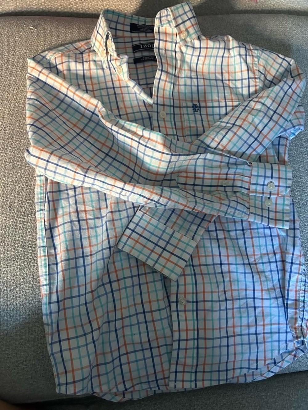 Izod Men’s Plaid Stretch Shirt in White, Blue & Orange